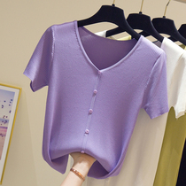 V Collar Thin short sleeve ice silk knit cardiovert T-shirt woman 2022 new summer button purple knit bottom blouses