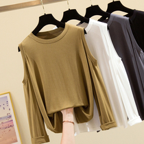 MoDeir long sleeve T-shirt female spring autumn new round collar loose and thin and open-shoulder blouses cardigan design sense of small crownins