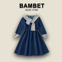 Italian BAMBET girl denim dress college style autumn 2021 middle child shawl waist princess dress