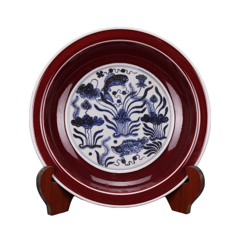 Jingdezhen imitation Ming yongle antique antique old goods furnishing articles reward of zheng he 's blue and white plate of Chinese style restoring ancient ways of handicraft