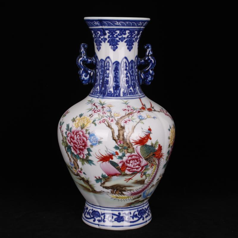 Jingdezhen imitation qianlong bucket color painting of flowers and phoenix ears bottle of classical Chinese style household, sitting room adornment antique furnishing articles