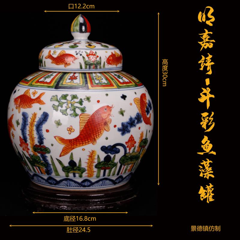 Jingdezhen imitation Ming jiajing antique antiques for 2 points you fight exotic fish algae lines cover 1.3 billion-plus old goods jar jar furnishing articles