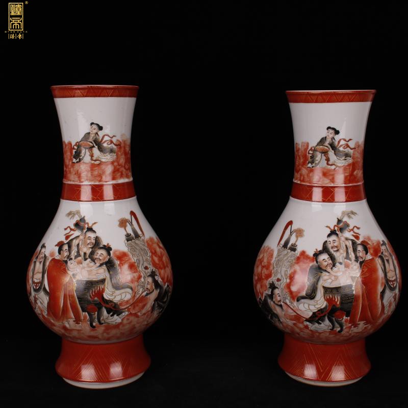 Jingdezhen double ears all hand - made 巩红 color ink characters grade imitation the qing xianfeng antique antique collection boutique furnishing articles