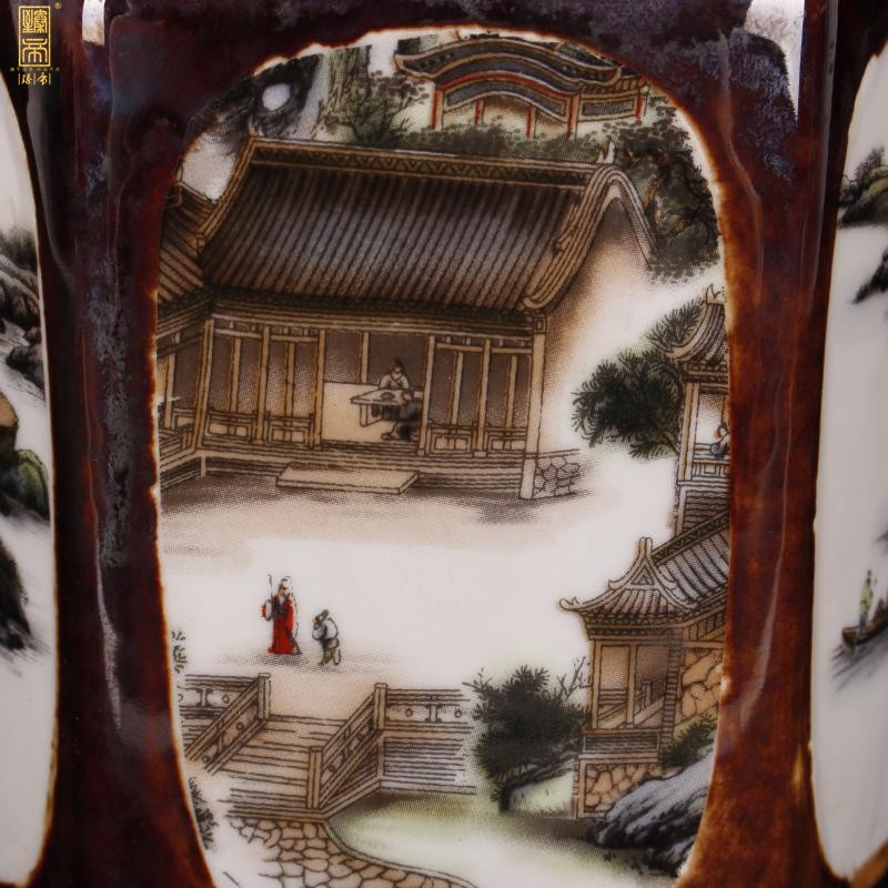Jingdezhen copy end of qianlong style antique vintage boutique landscape the six - party brush pot "four desk place, Chinese style restoring ancient ways