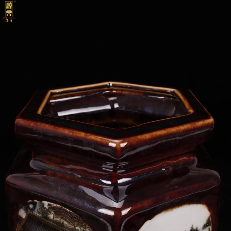 Jingdezhen copy end of qianlong style antique vintage boutique landscape the six - party brush pot "four desk place, Chinese style restoring ancient ways