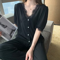Sexy lace pyjamas women Summer pure cotton thin section V Lords Fairy Palace Tints black Home Residence Clothing Net Red Autumn