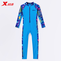 XTEP childrens swimsuit boys summer 2021 new medium and large childrens one-piece long-sleeved professional sunscreen quick-drying swimsuit