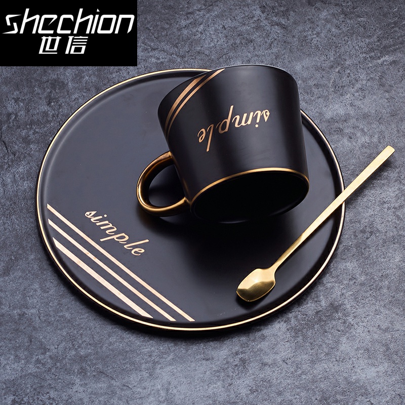 Ceramic coffee cup with small European - style key-2 luxury single spoon plate elegant contracted glass mugs Nordic ins