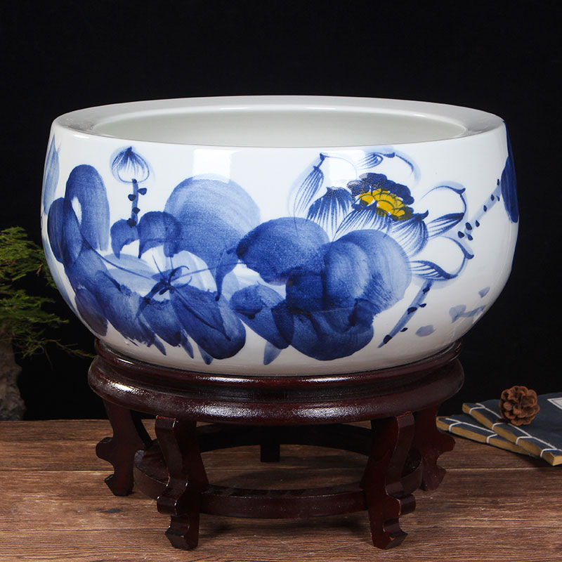 Blue and white porcelain of jingdezhen ceramics shallow daikin aquarium tortoise refers to flower pot furnishing articles large cylinder water lily