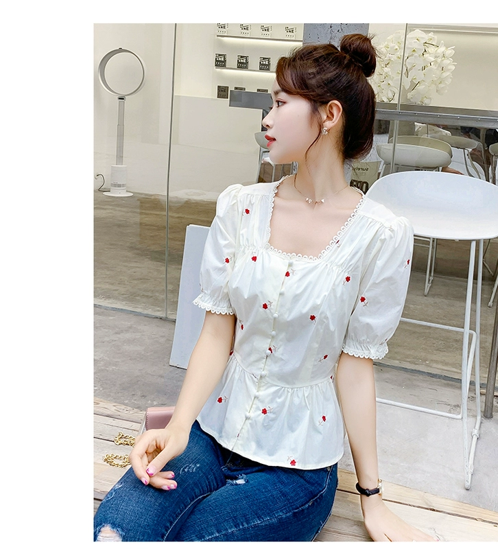 Thêu áo sơ mi ngắn tay phụ nữ thắt lưng mùa hè thắt lưng Pháp cổ vuông áo sơ mi hoa ngắn cổ điển búp bê áo sơ mi - Áo sơ mi