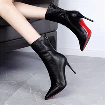 ins Net red high-heeled skinny boots womens short boots thin-heeled autumn and winter plus velvet leather Martin boots elastic mid-tube boots