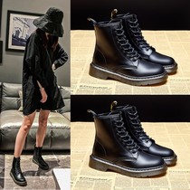 Leather Martin boots female 2021 new autumn and winter English style short boots plus velvet boots Joker flat net red handsome