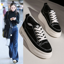 Tide brand ins Net red thick bottom pine cake 2021 autumn new leather Joker casual flat high Sports Board shoes women