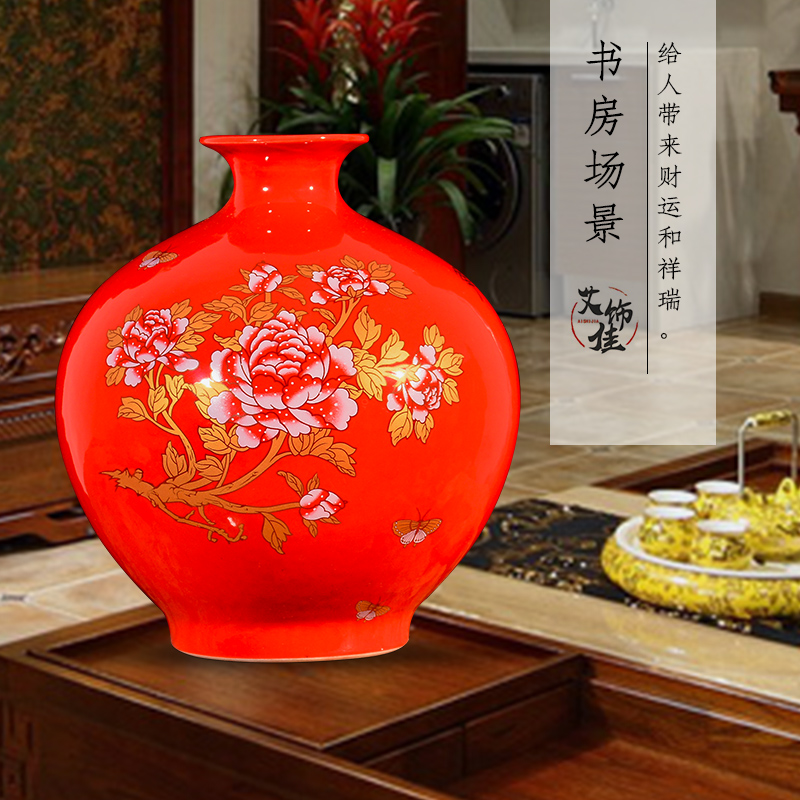 Jingdezhen ceramic Chinese red peony festival wedding flower arranging new Chinese style living room porch place decorative vase