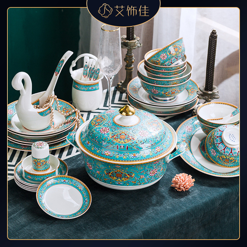 Jingdezhen 60 head colored enamel see ipads porcelain tableware suit household European contracted tableware chopsticks dishes combination