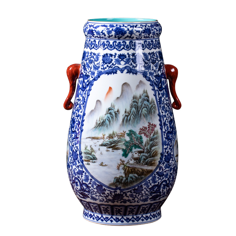 Blue and white landscape ears trunk jingdezhen ceramics imitation qianlong vase flower arranging home sitting room adornment of the study