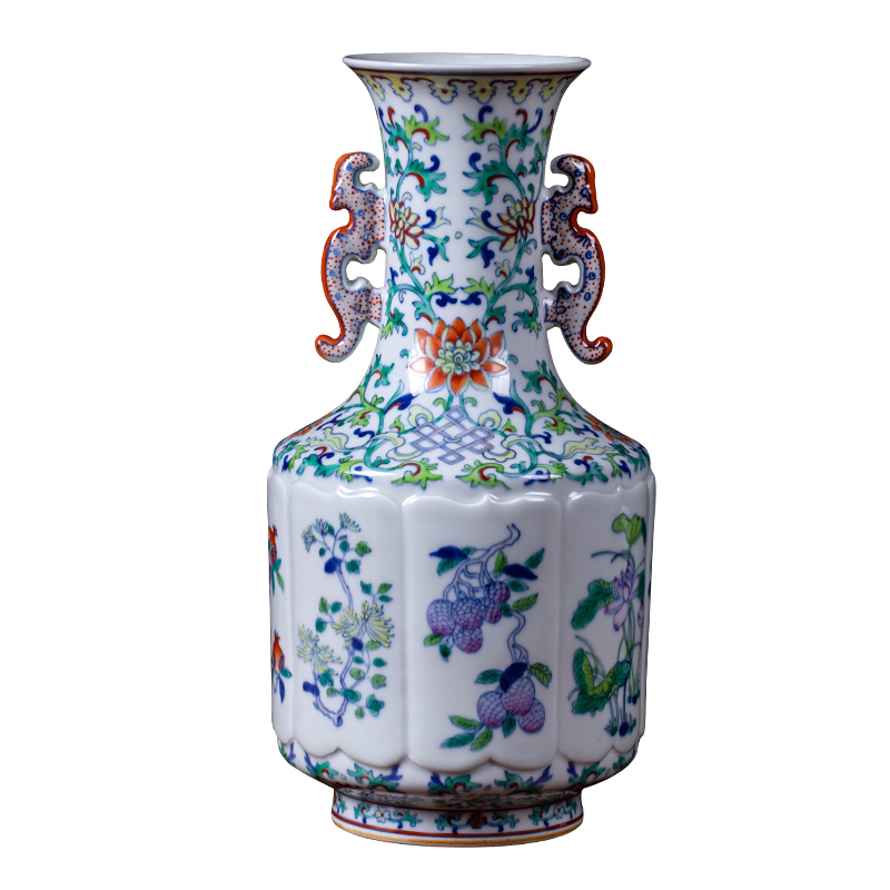 Jingdezhen ceramic vases, antique color bucket ears porcelain vase Chinese style living room porch TV ark adornment furnishing articles