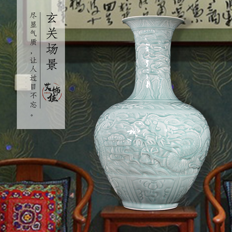 Jingdezhen ceramics archaize of carved dragon shadow blue glaze vase Chinese sitting room porch decoration floor furnishing articles