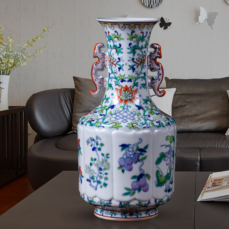 Jingdezhen ceramic vases, antique color bucket ears porcelain vase Chinese style living room porch TV ark adornment furnishing articles