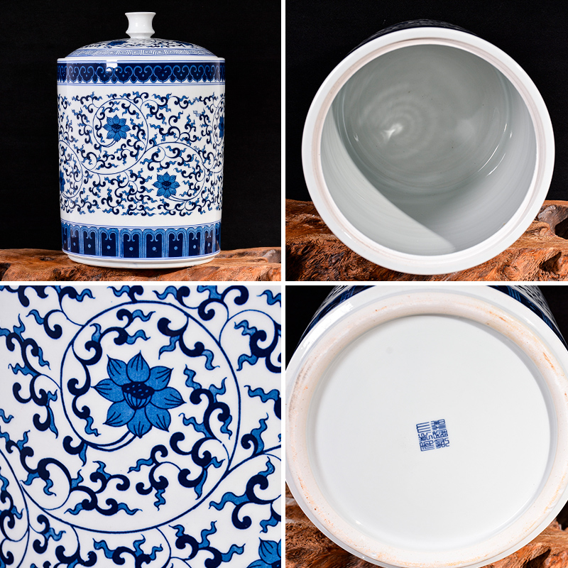 Jingdezhen ceramics large blue and white caddy fixings storage tank sealed moisture - proof puer tea pot wake POTS with cover