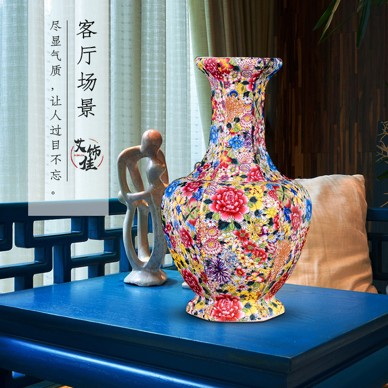 Jingdezhen ceramics powder enamel six - party vase antique flower flower arrangement of Chinese style living room TV ark adornment furnishing articles