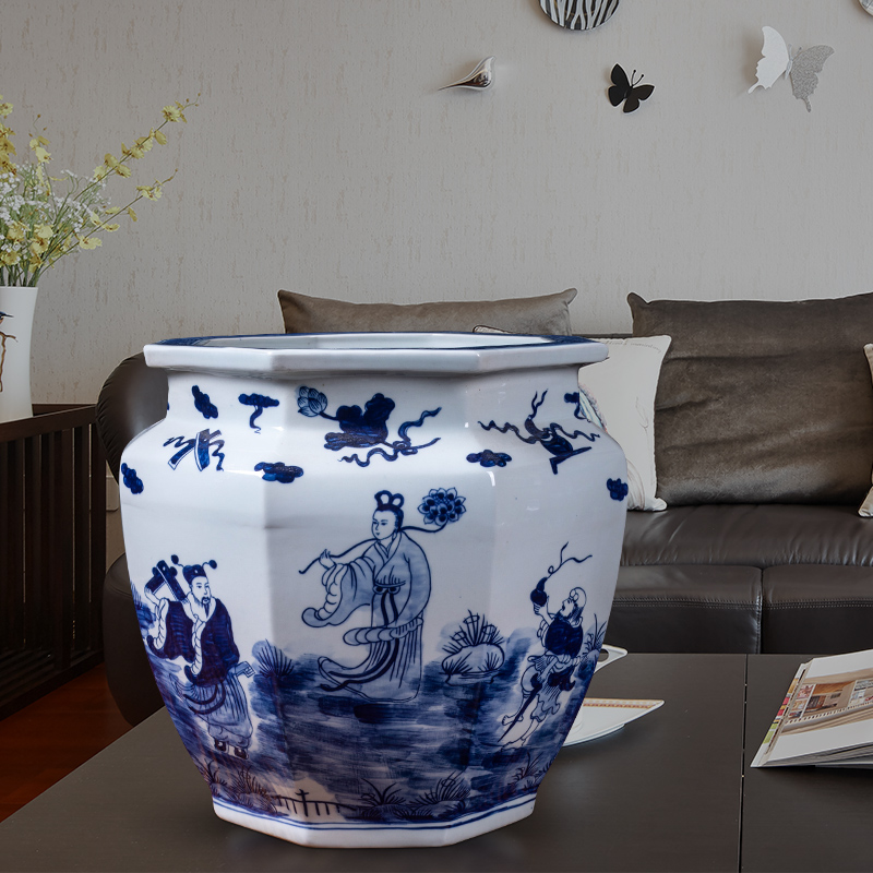 Jingdezhen ceramics tank large antique calligraphy and painting scroll cylinder figure of the eight immortals blue - and - white decoration home furnishing articles in the living room
