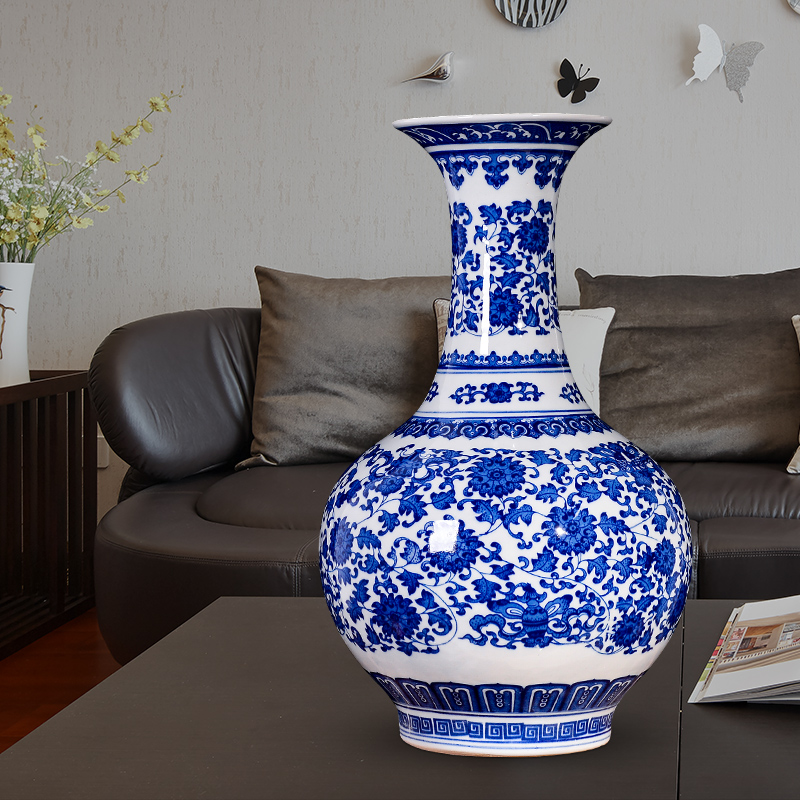 Jingdezhen ceramics archaize large blue and white tie up branch lotus bottle of French TV ark home sitting room porch place