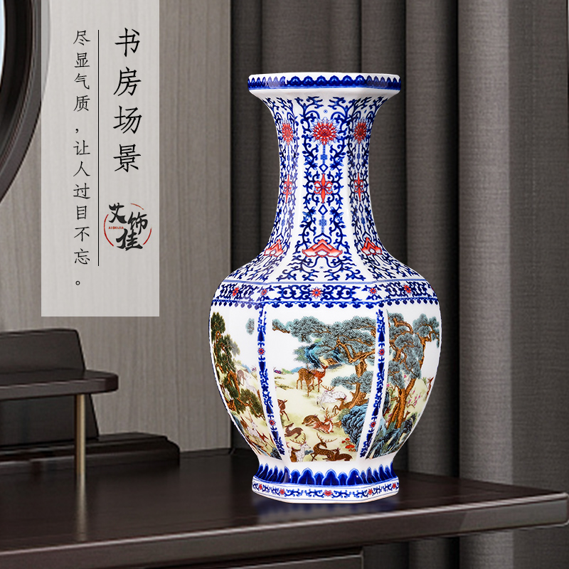 The deer figure of blue and white porcelain vase Chinese style classical jingdezhen ceramics home sitting room TV ark adornment furnishing articles