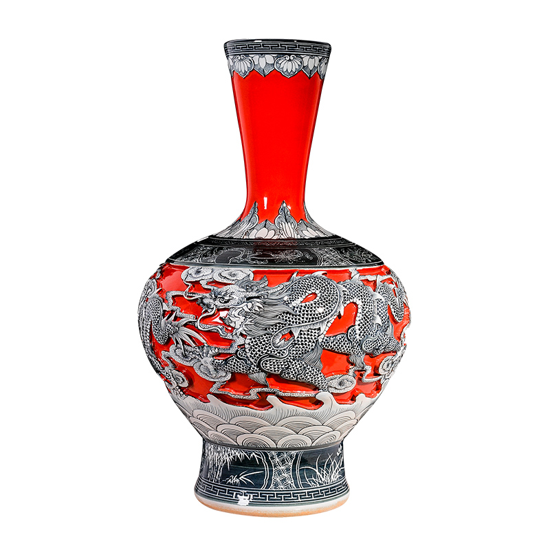 Jingdezhen ceramic large red landing carved dragon vase sitting room of Chinese style household decorates porch crafts