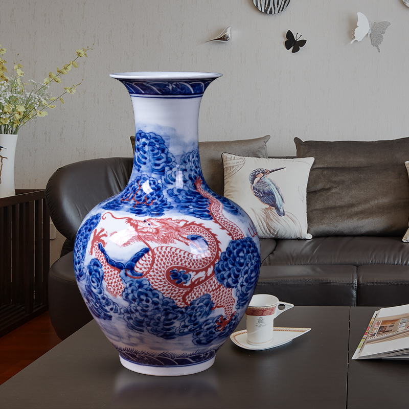 Jingdezhen ceramic vases, antique porcelain youligong red dragon grain flower arranging furnishing articles household decorates sitting room porch collection