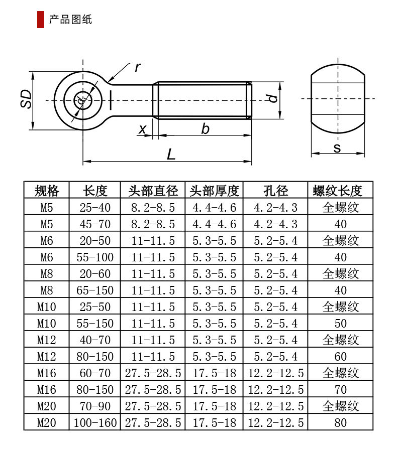 活节带孔螺丝304不锈钢圆环螺栓鱼眼螺杆钉m5m6m8m1012