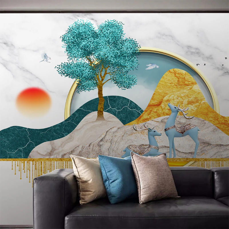 8d新中式无缝壁画立体5d墙布几何山峰浮雕大理石3d电视背景墙壁纸