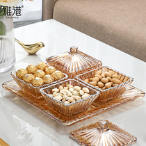 Nordic light luxury four-grid crystal glass fruit plate candy snacks home living room creative coffee table with lid
