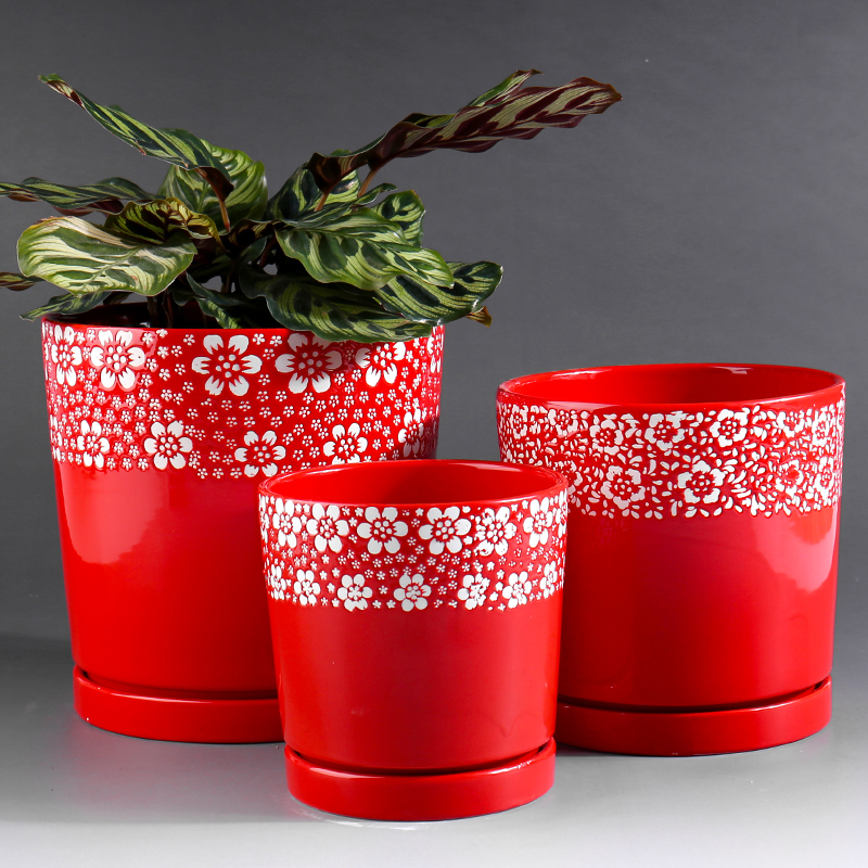 Extra large red ceramic flower pot with tray was contracted indoor desktop household more than other meat flowerpot ceramic clearance