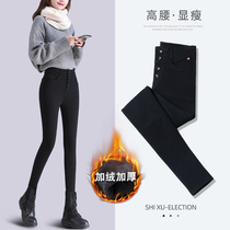 High-waist breasted plus velvet leggings women wear autumn and winter new thickened black small feet stretch pencil thin cotton pants