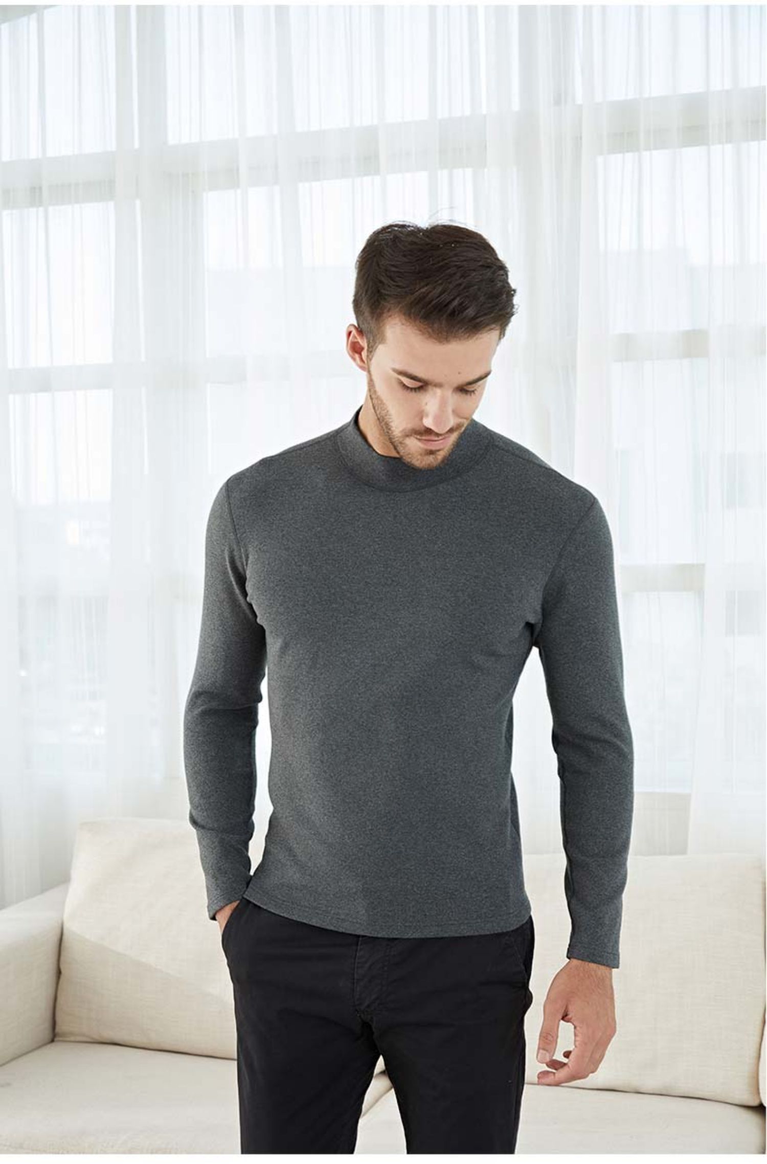 半高领长袖t恤男打底杉加绒内穿保暖单秋衣男士中领加绒加厚修身_云屾