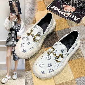 鞋子女2020年新款秋冬加绒百搭平底一脚蹬豆豆鞋欧洲站乐福女鞋潮