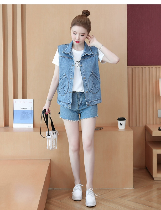 Áo khoác denim của phụ nữ ngắn giản dị giản dị tất cả các trận đấu vest năm 2021 mới mùa xuân và mùa thu mùa hè Hàn Quốc xu hướng vest mặc ngoài rộng rãi - Áo vest