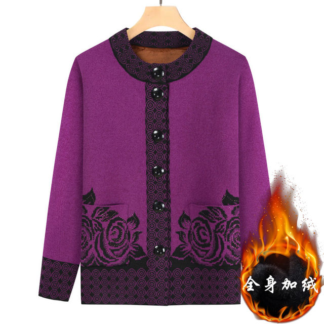ຜູ້ສູງອາຍຸ cardigan ແມ່ເປືອກຫຸ້ມນອກດູໃບໄມ້ລົ່ນແລະລະດູຫນາວຜູ້ສູງອາຍຸ Tang suit loose knitted sweater clothes grandma plus velvet sweater ອົບອຸ່ນສໍາລັບແມ່ຍິງ