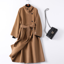 2021 new double-sided woolen coat womens mid-length stand-up collar loose fashion lace-up thin Korean jacket