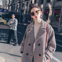 Double-breasted houndstooth woolen mid-length autumn and winter popular plaid coat small woolen coat female