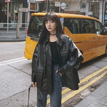 Korean black leather jacket womens 2020 autumn new retro jacket womens motorcycle clothes medium-length loose top