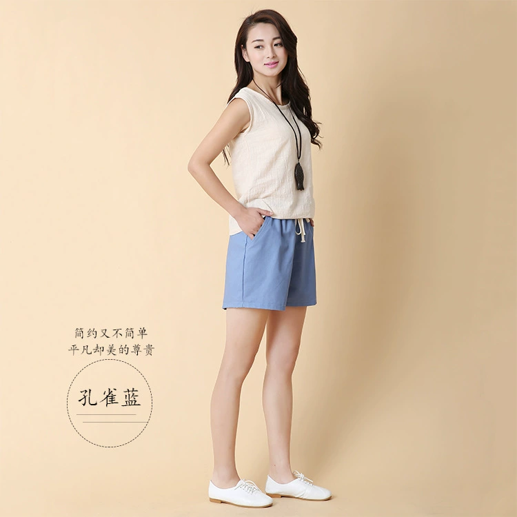 Quần ngắn cotton Linen của phụ nữ Mùa hè rộng rãi Quần Linen Năm quần Chân rộng Quần thường Quần thể thao Quần nóng - Quần short