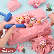 Archaeological excavation toy elf girl knocking on colourful gems mining blind box dinosaur fossil children searching for treasure gypsum
