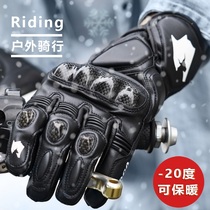 Autumn and winter riding gloves mens motorcycle warm waterproof anti-drop wear-resistant leather plus velvet Locomotive equipment Knight gloves
