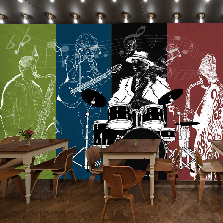 复古摇滚乐队壁画ktv墙纸音乐酒吧清吧餐厅壁纸乐器琴行墙布涂