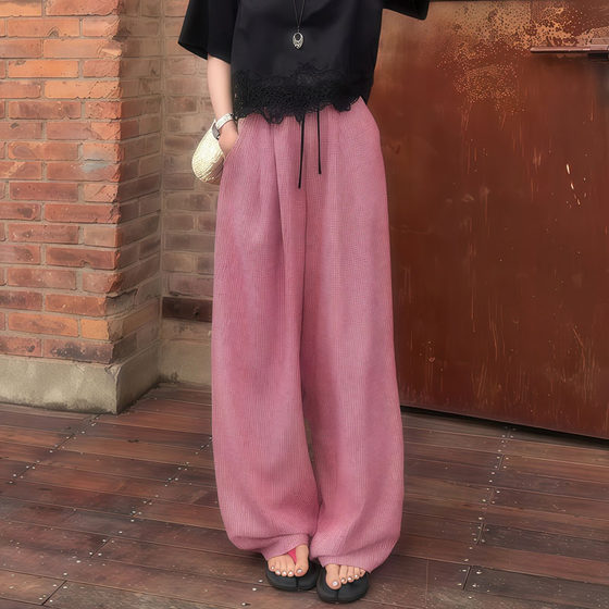 European high-end pink linen plaid wide-leg pants for women 2025 summer new straight loose casual floor pants European high-end pink linen plaid wide-leg pants for women 2025 summer new straight loose casual floor pants