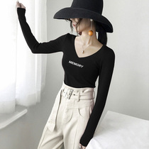 Undershirt Woman Autumn Winter with long sleeves pure cotton white sashimi with lean printed t-shirt blouses the new wave