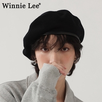 Winnie Lee Japanese designer co-branded knitted hat black beret large head circumference thin octagonal hat