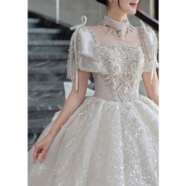 Retro satin light wedding dress 2022 bride main dress out of the yarn heavy work senior wedding dress female drag tail